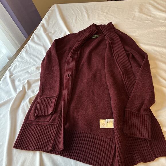 Eddie Bauer Lounge Cardigan Chunky Knit burgundy Open Mock Neck Sweater Size S - Picture 9 of 9